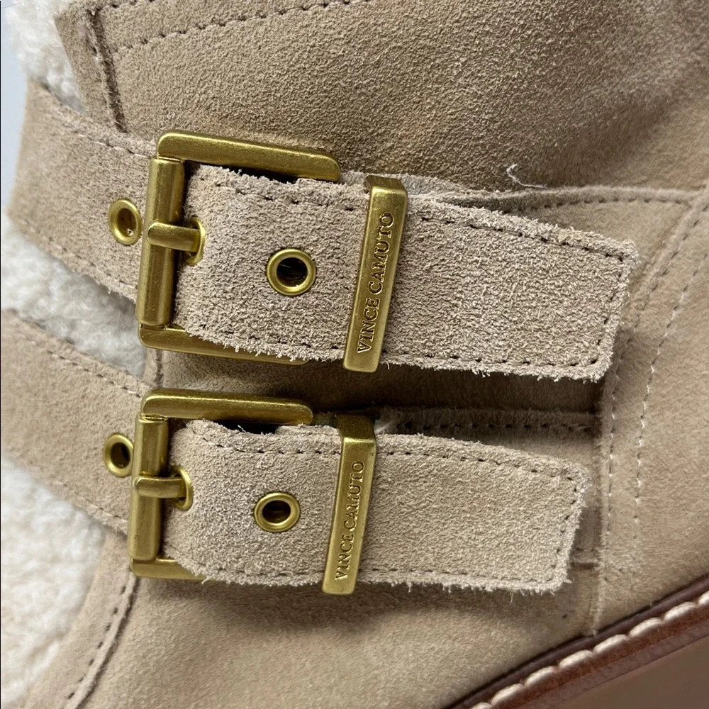 VINCE CAMUTO Destonny Cozy Buckle Booties Tan Suede and Sherpa Side Zip Sz 6 new